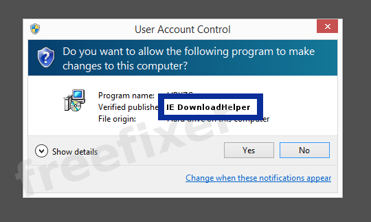 Screenshot where IE DownloadHelper appears as the verified publisher in the UAC dialog